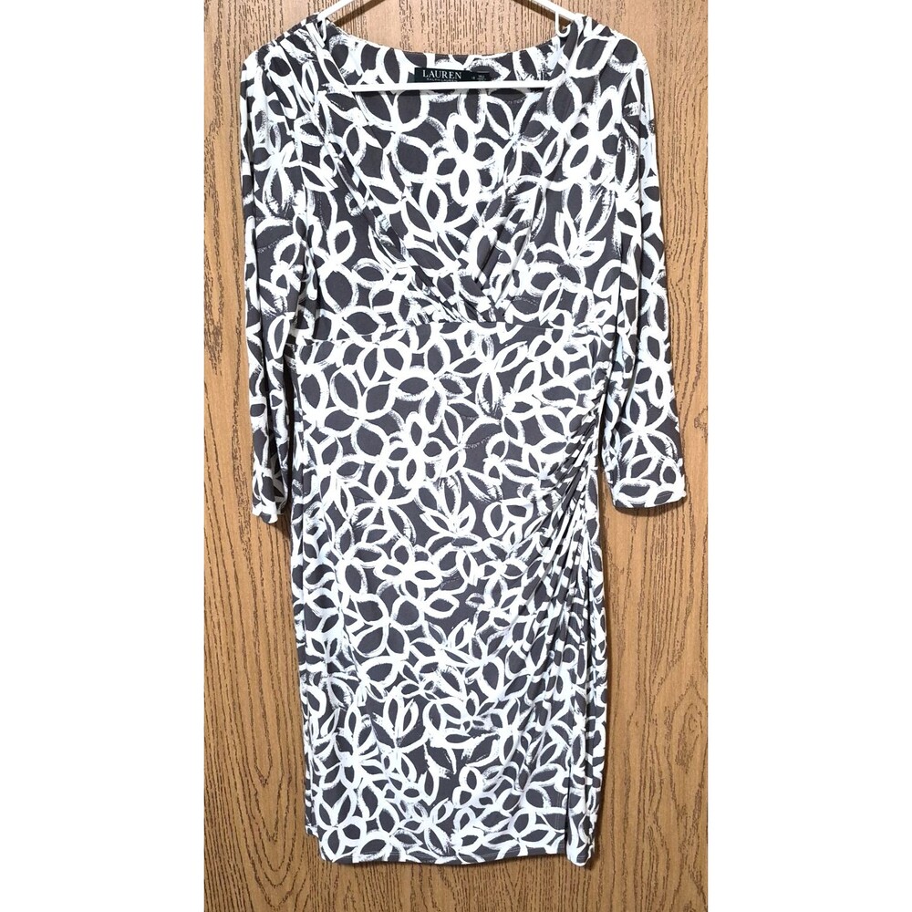 Lauren Ralph Lauren Gray White Floral Geometric Pattern 3/4 Sleeve Dress Size 12